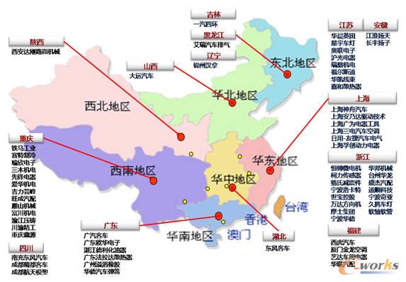 用友PLM汽車及零配件行業客戶區域分布
